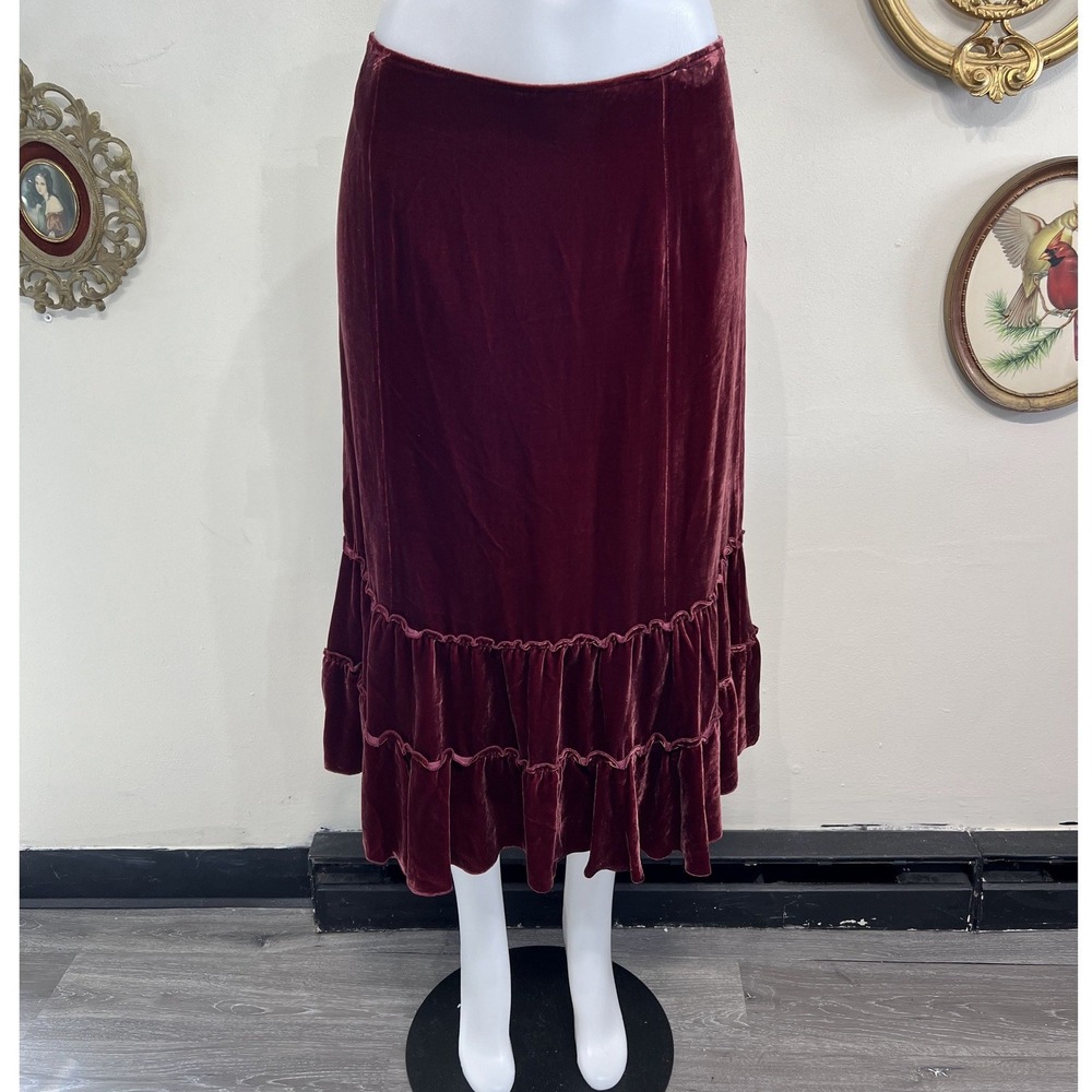 INC International Concepts Burgundy Velvet Ruffle Skirt Size 14